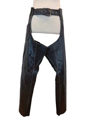 River Road Leather Motorcycle Chaps Black Buffalo Leather Zip Snap Lace Size 8